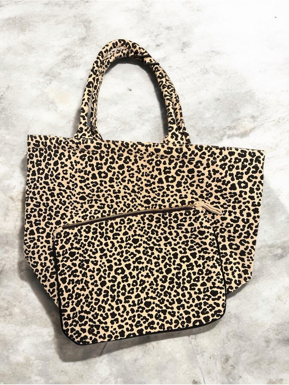 Leopard Print Canvas Tote Bag with Matching Pouch - Beige/Black